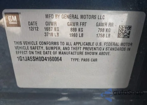 2013 Chevrolet Sonic Ls Auto z USA, uszkodzony, nr VIN 1G1JA5SH0D4160064